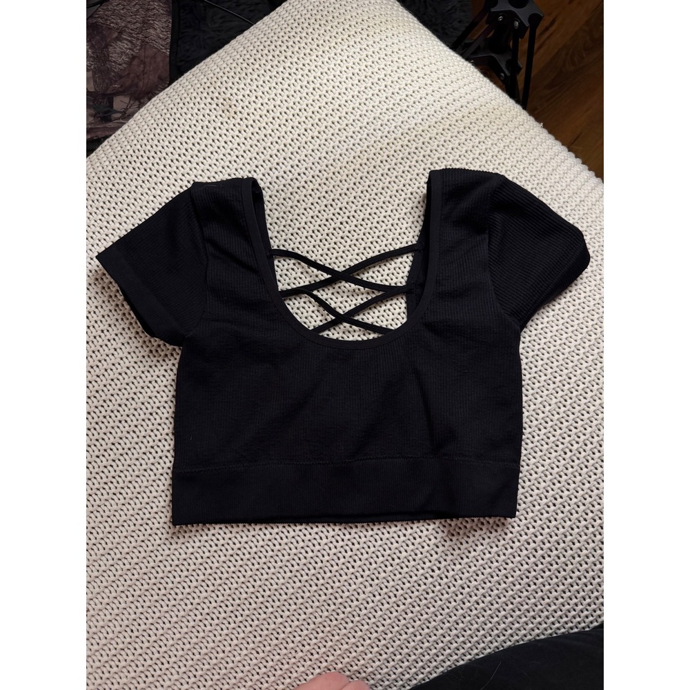 Aerie Real Good Black Ribbed Strappy Back Crop Top Small Petite S/P